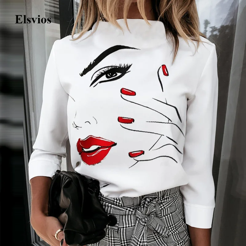 Moterų Naujus Lūpų Spausdinti Palaidinė Marškinėliai 2020 Elegantiškas Ponios O-Kaklo Megztinis Viršūnes Rudenį ilgomis Rankovėmis Atsitiktinis Marškinėliai Blusa Streetwear 3XL