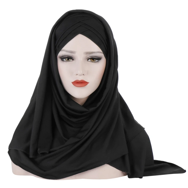 Moterų Pieno Filer Vientisos Spalvos 2 In 1 Turbaną Skrybėlę Momentinių Šalikas Malaizijos Musulmonų Kryžiaus Plisuotos Hijab Bžūp Galvos Wrap Dangtis