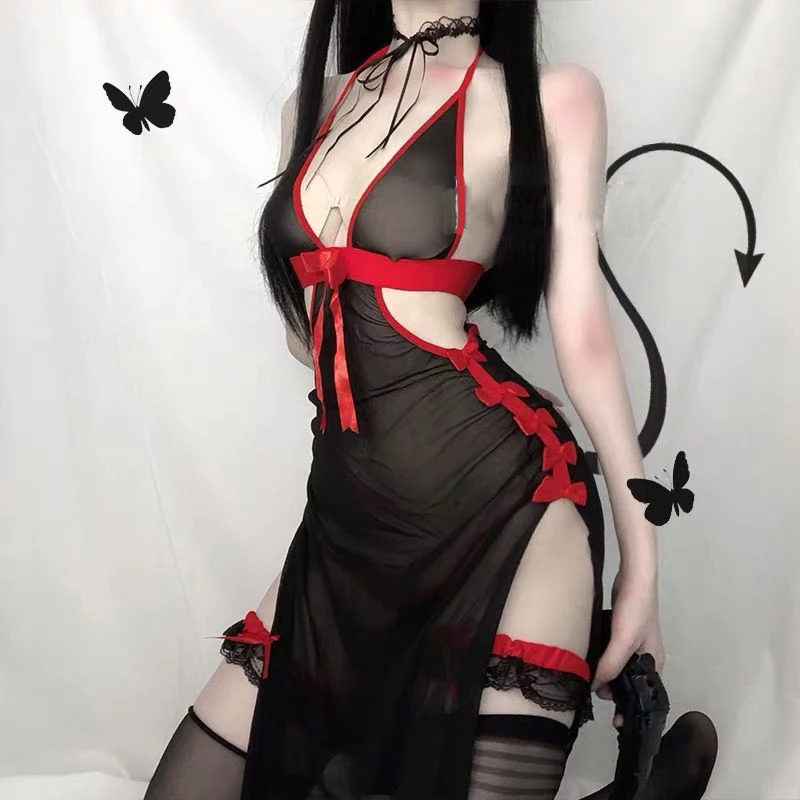 Moterų Sexy Devil Cosplay Apatinis Trikotažas Lolita Derliaus Vampyras Kostiumai Backless Ilgai Fancy Dress Helovinas Cos Šalies Sleepwear Dovanos