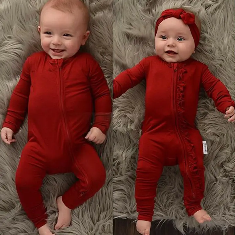 Naujagimio Romper Berniukas Mergaitė ilgomis Rankovėmis Raudona Pynimas Užtrauktukas Romper Jumpsuit Lankelis Sleepwear Pižamos Baby Girl Drabužius 0-18M