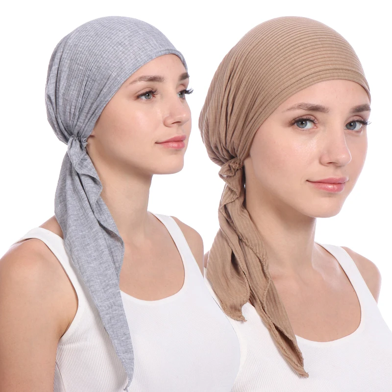 Naujos elastinės medvilnės vientisos spalvos apvyniokite galvą skara Skrybėlės musulmonų turbaną variklio dangčio moterų Vidinis Hijab Skrybėlių mados ponios turbantes kepurės