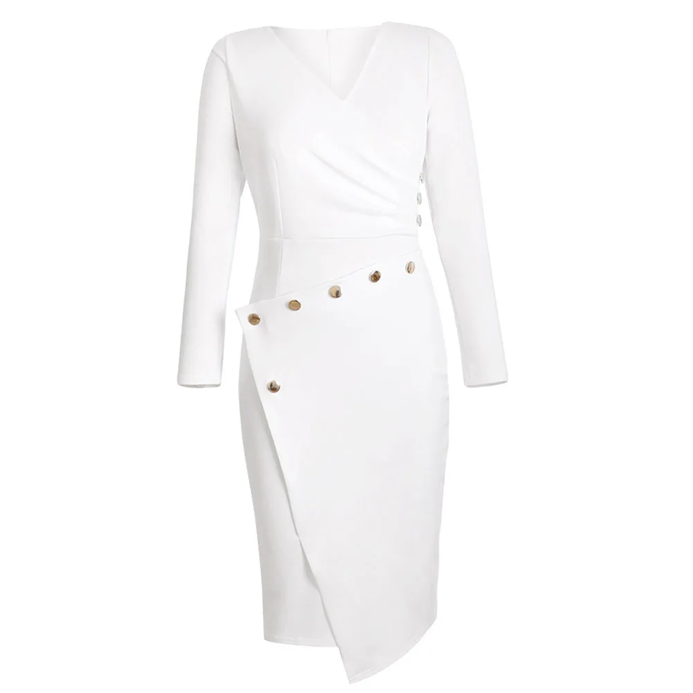 Nereguliarus Rudens Vasaros Suknelė Moterų 2020 M. Atsitiktinis ilgomis Rankovėmis Slim Office Pieštuku Suknelės, Elegantiškas, Seksualus V-kaklo Šalis Suknelė Balta