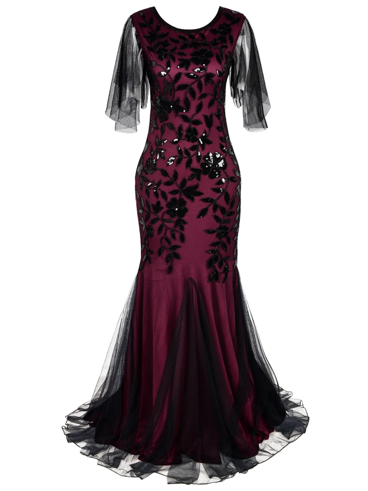 O-kaklo, Trumpas Rankovėmis Tiulio Siuvinėti Vakaro Suknelė Elegantiškas Undinė Derliaus 1920-ųjų Šalis Suknelė Great Gatsby China Suknelė Ilgai