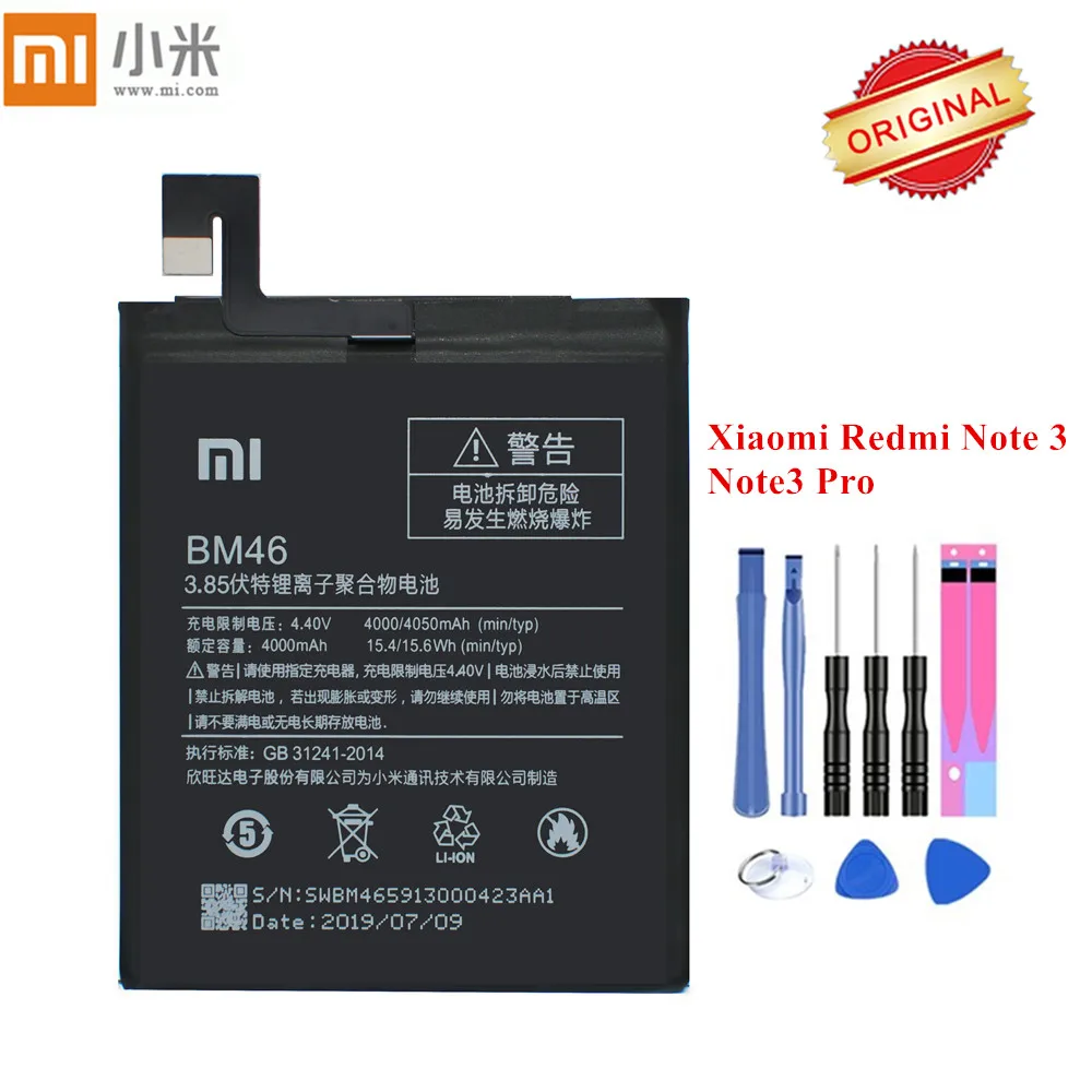 Originalus Xiao Mi Baterija BM46 Už Xiaomi Redmi 3 Pastaba Redmi Note3 Pro Aukštos Kokybės akku 4000mAh su nemokamais Įrankiais