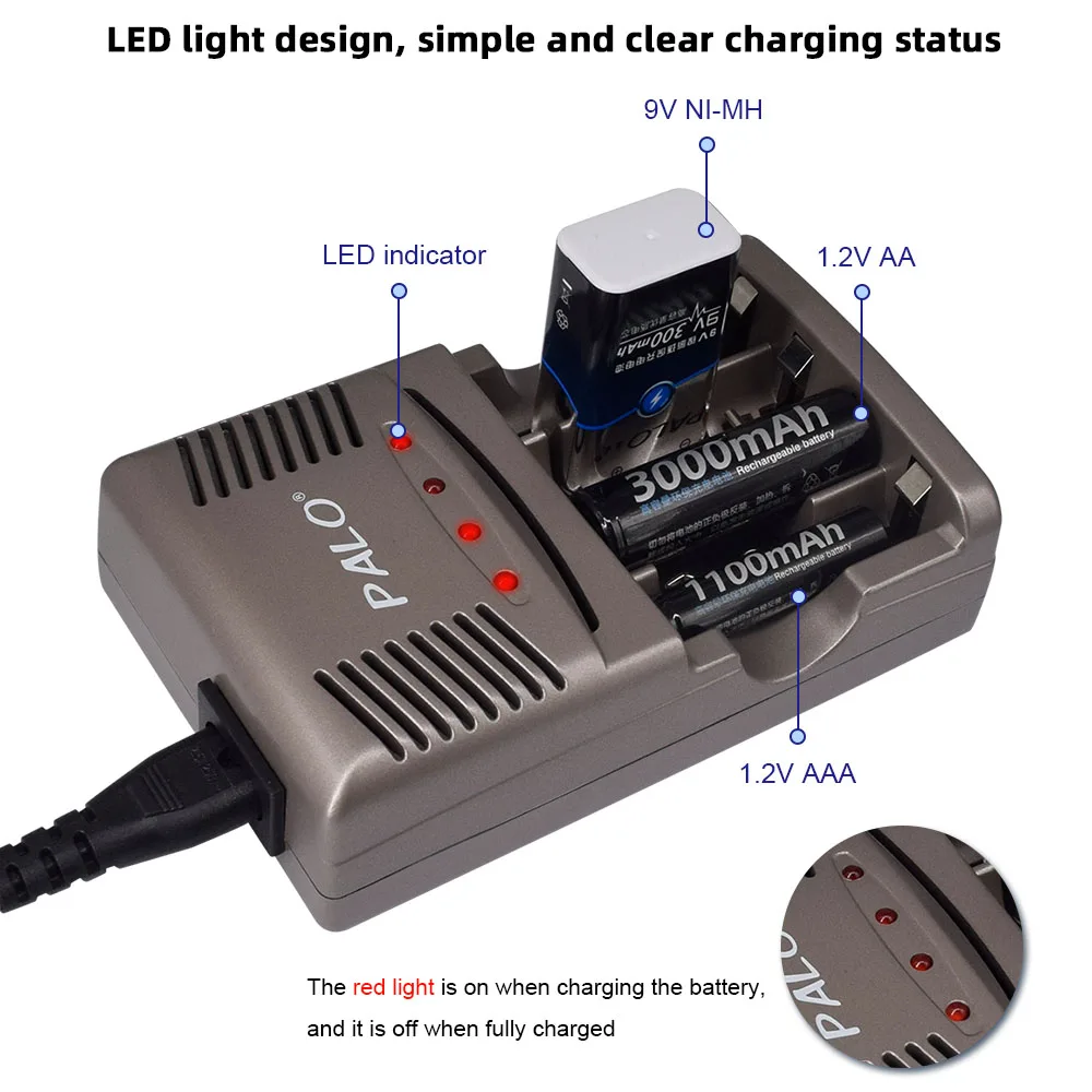 PALO LED Šviesos Smart Kroviklis, Skirtas NI-MH NI-CD AA/AAA/LI-ION 9V 6F22 Įkraunamas Baterijas + 8pcs AAA 1100mAh mokamas Baterija