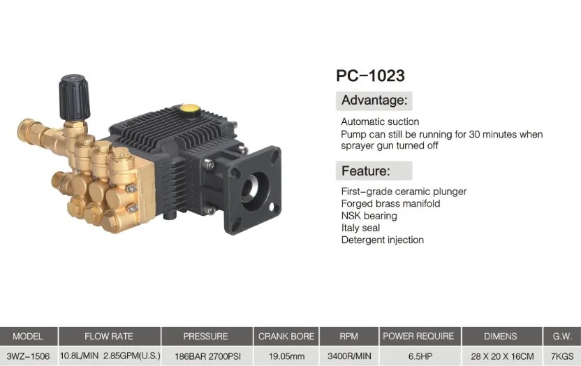 PC-1023 kompaktiškas visi vario aukšto slėgio plovimo siurblio plunžeris 186bar 2700psi 10.8 L/min