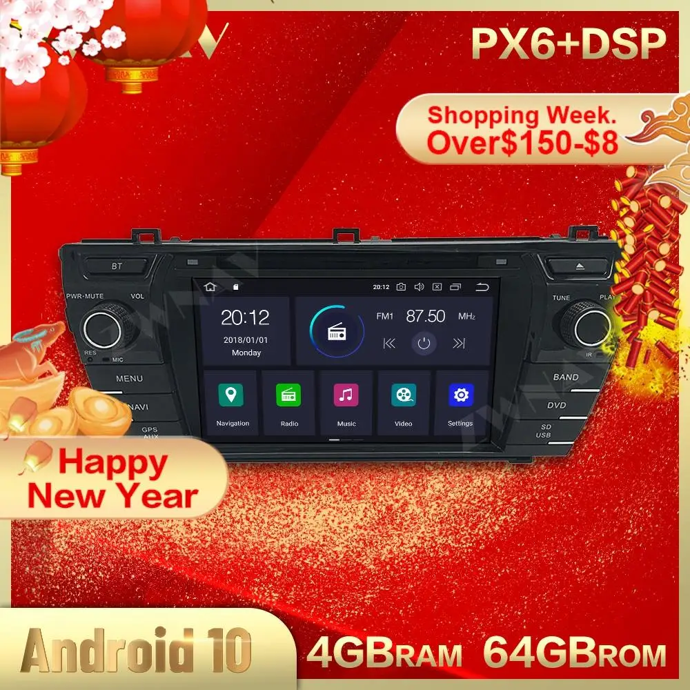PX6 4+64 Android 10.0 automobilio multimedijos grotuvo Toyota corolla 2013-2016 m. automobiliu GPS Navi 