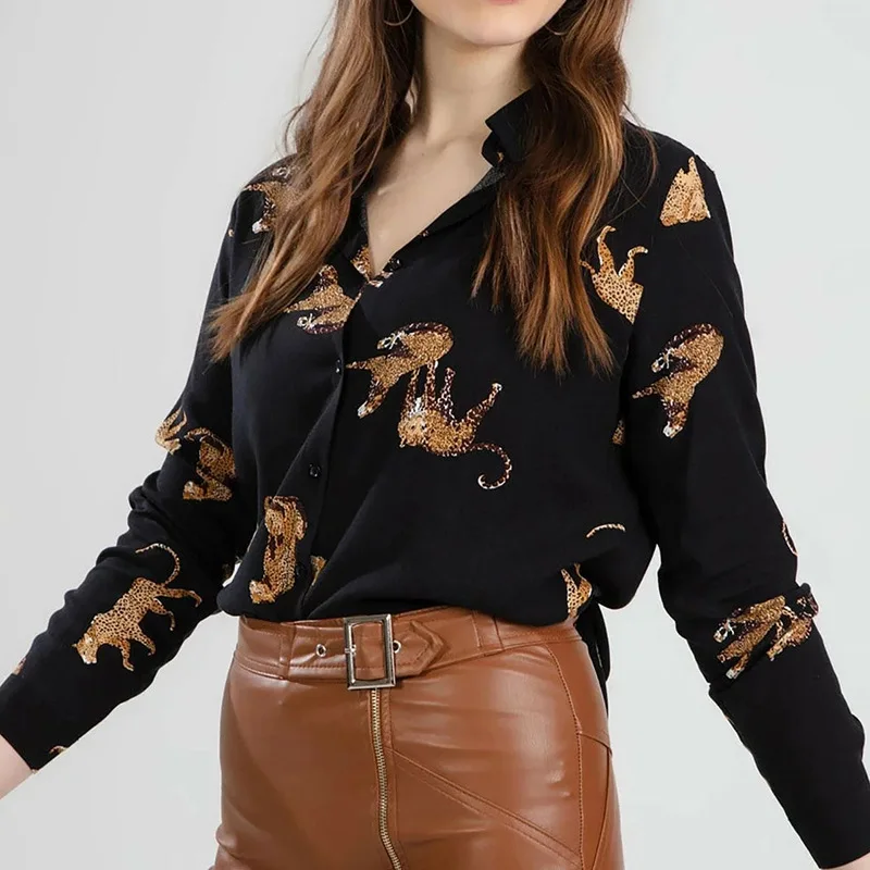 Pavasarį, rudenį Naujų Leopardas Spausdinti ilgomis Rankovėmis Prarasti Šifono za moterų 2020 m. sheining vadiming zafuler moterims, moteriška palaidinė marškinėliai