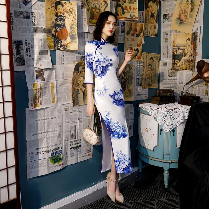 Plius Dydis 4XL Moterų Elegantiškas Suknelės Kinijos Cheongsam Ilgos Satino Suknelė Pokylių Qipao Gėlių Kinijos Suknelės Qipao Skraiste Orientale