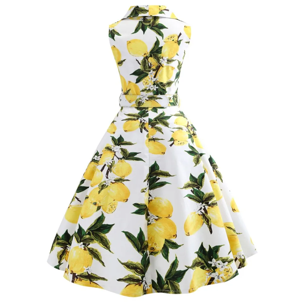 Plus Size 5XL Citrinų Spausdinti Vasaros Vintage Suknelė išjunk Diržai Mygtuką Elegantiškas Medvilnės Šalies Vestidos Office Moterų Retro Suknelė