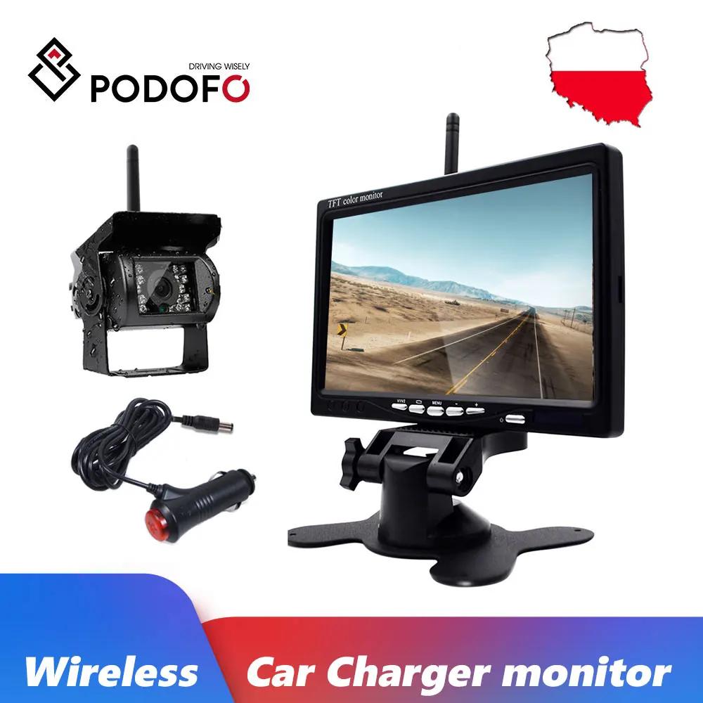 Podofo 7 Colių HD Wireless TFT LCD Transporto priemonių Galinio vaizdo Monitorius, Atsarginė Kamera, Parkavimo Sistema, Automobilinis Įkroviklis Sunkvežimių RV Priekaba