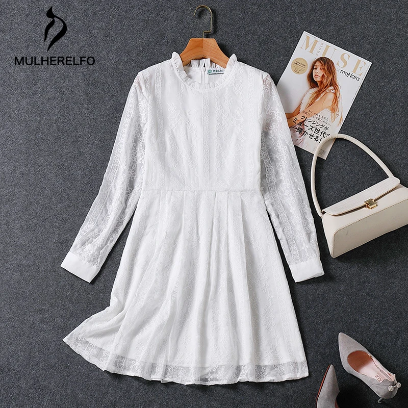 Prancūzijos Senovinių Nėrinių Aplikacija Susiuvimo Moteriška Balta Suknelė Apvalus-Kaklo, Ilgomis Rankovėmis Prarasti-Line Sijonas Susegamas Elegantiškas Suknelės