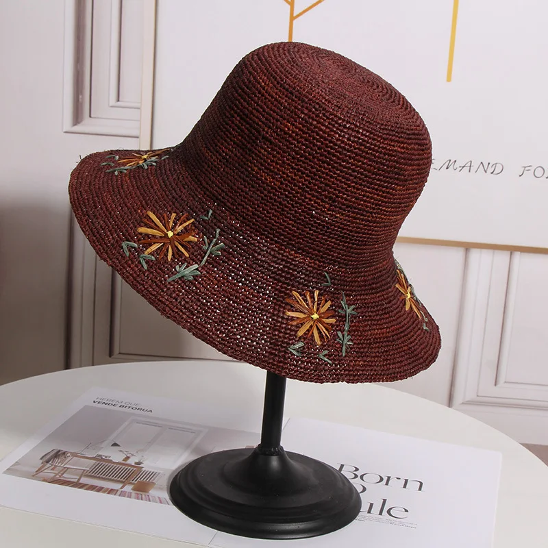 Ranka kablys rafija gėlės šiaudų skrybėlę moterų vasaros kelionių anti-ultravioletinių saulės, skrybėlę, sulankstomas saulės skrybėlę paplūdimio skrybėlę