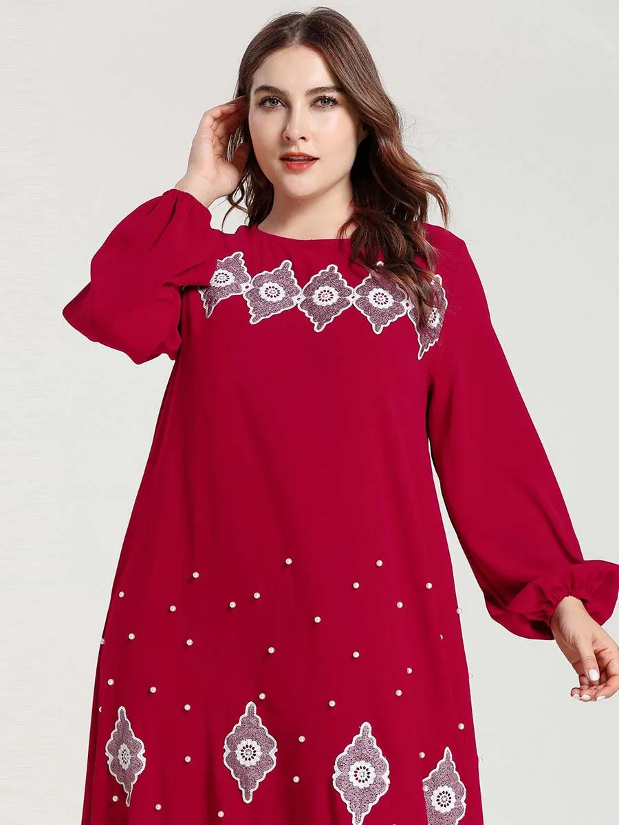 Raudona Derliaus Arabų Suknelė Moterims Appliqued Duobute Prarasti Musulmonų Abaja Plisuotos Hem Didelio Dydžio Drabužius, Longue Femme Musulmane