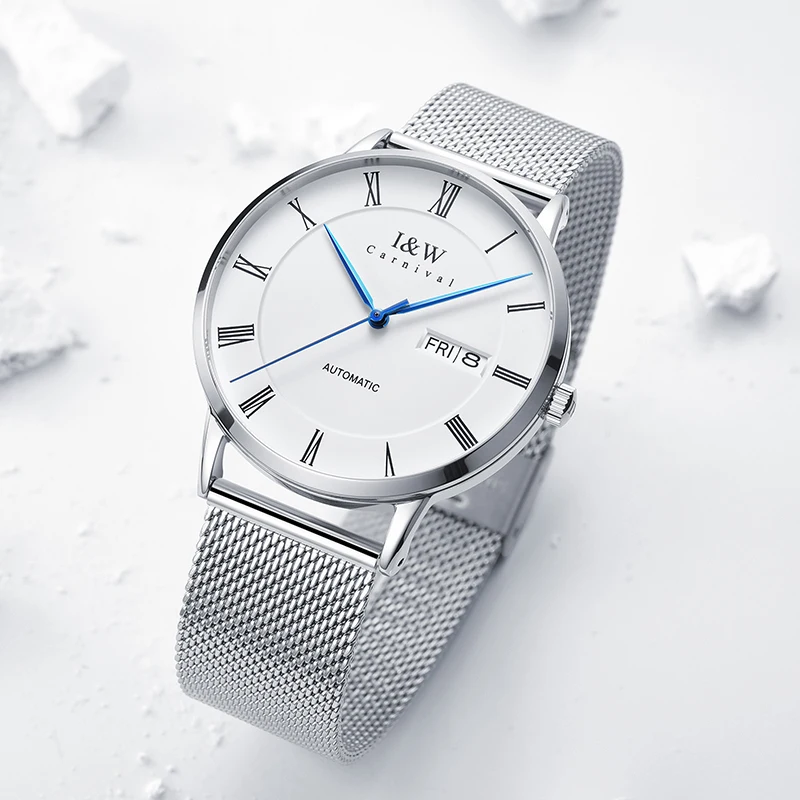 Relogio Šveicarijoje I&W verslo Automatinė Mens Watch Prabangos prekės Mechaninis laikrodis atsparus Vandeniui Safyro Stiklas kalendoriaus Tinklelio juosta