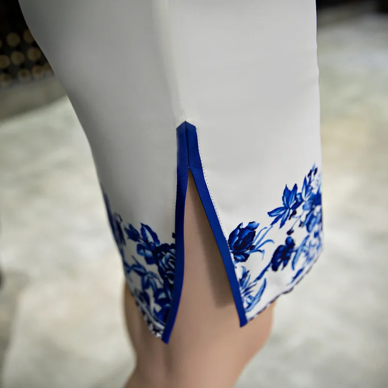 Sheng Kokosų Ponios Derliaus Cheongsam Suknelės Trumpas Kinų Mėlynos Ir Baltos Spalvos Porceliano Qi Pao Kasdien Šilko Cheongsam Rytietišku Stiliumi