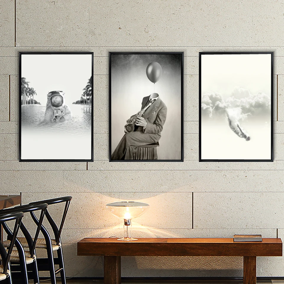 Siurrealizmas Sienos Nuotraukas Kambarį Juoda balta Astronautas Abstrakčios Drobės Meno Plakatų, piešinių ir Spaudinių Modernių Biuro Dekoro Studija