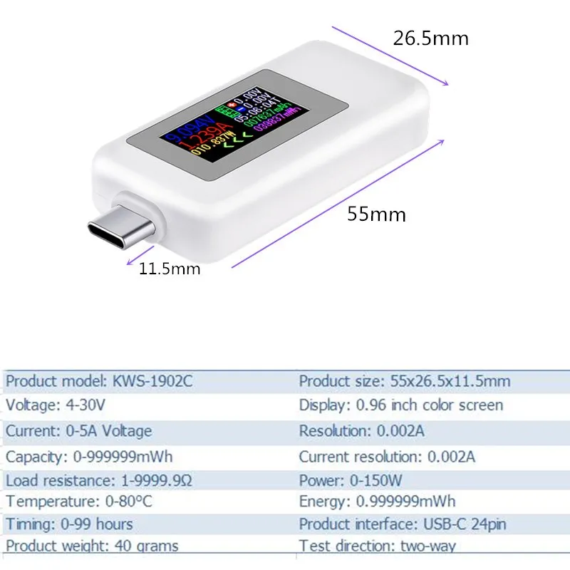 Spalvotas Ekranas USB Tipo C Testeris 0-5A Srovė 4-30 V Įtampos Skaitmeninė Jungtis, Maitinimo Banko Įkroviklio Lizdas Kištukas Testeris 40% Nuolaida