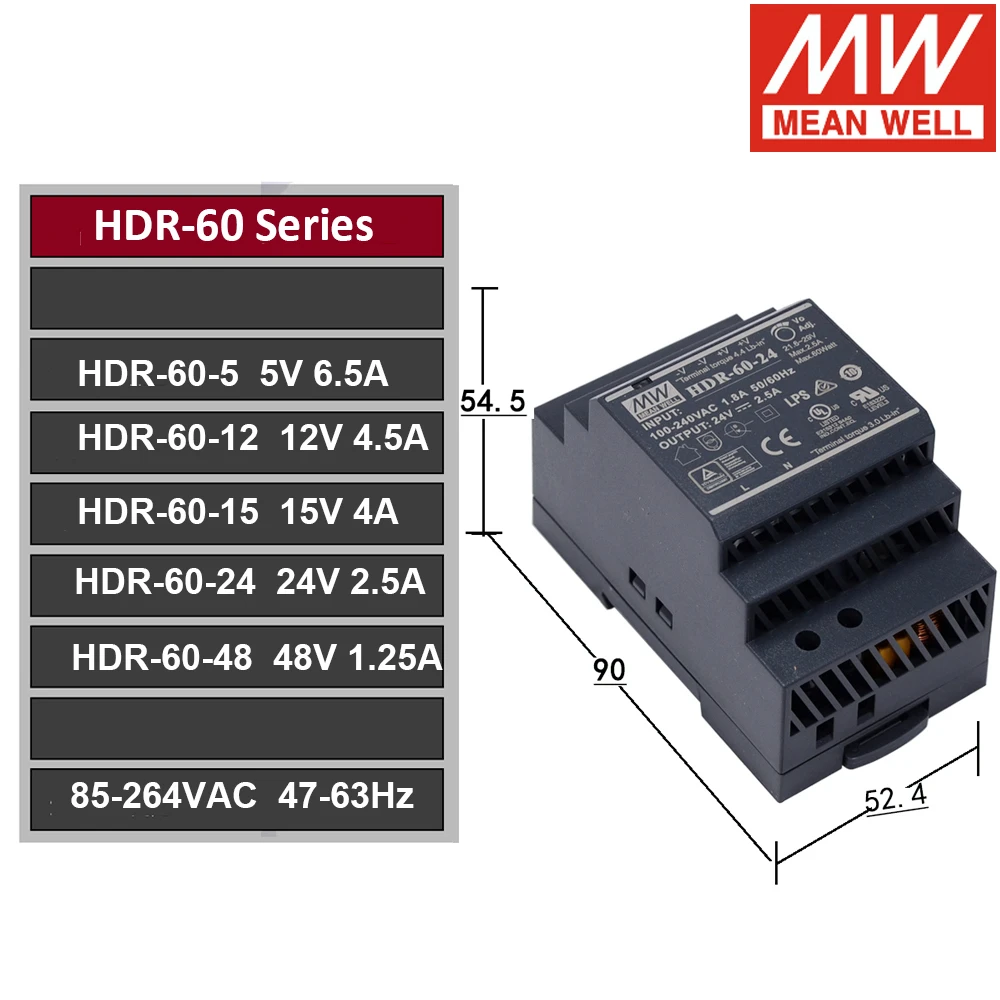 TAI GERAI, HDR-60-5 85-264VAC DC 5V 6.5 A meanwell HDR-60 32.5 W Bendrosios Produkcijos Pramonės DIN Bėgelio Maitinimo šaltinis