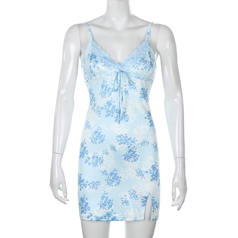 Vasaros Moterų Suknelė Seksualus V-Kaklo Siūlės Spausdinimo Mėlyna gėlių Savęs Auginimo 2021 Naujas Mados Šalies Moterų Suspender Suknelė