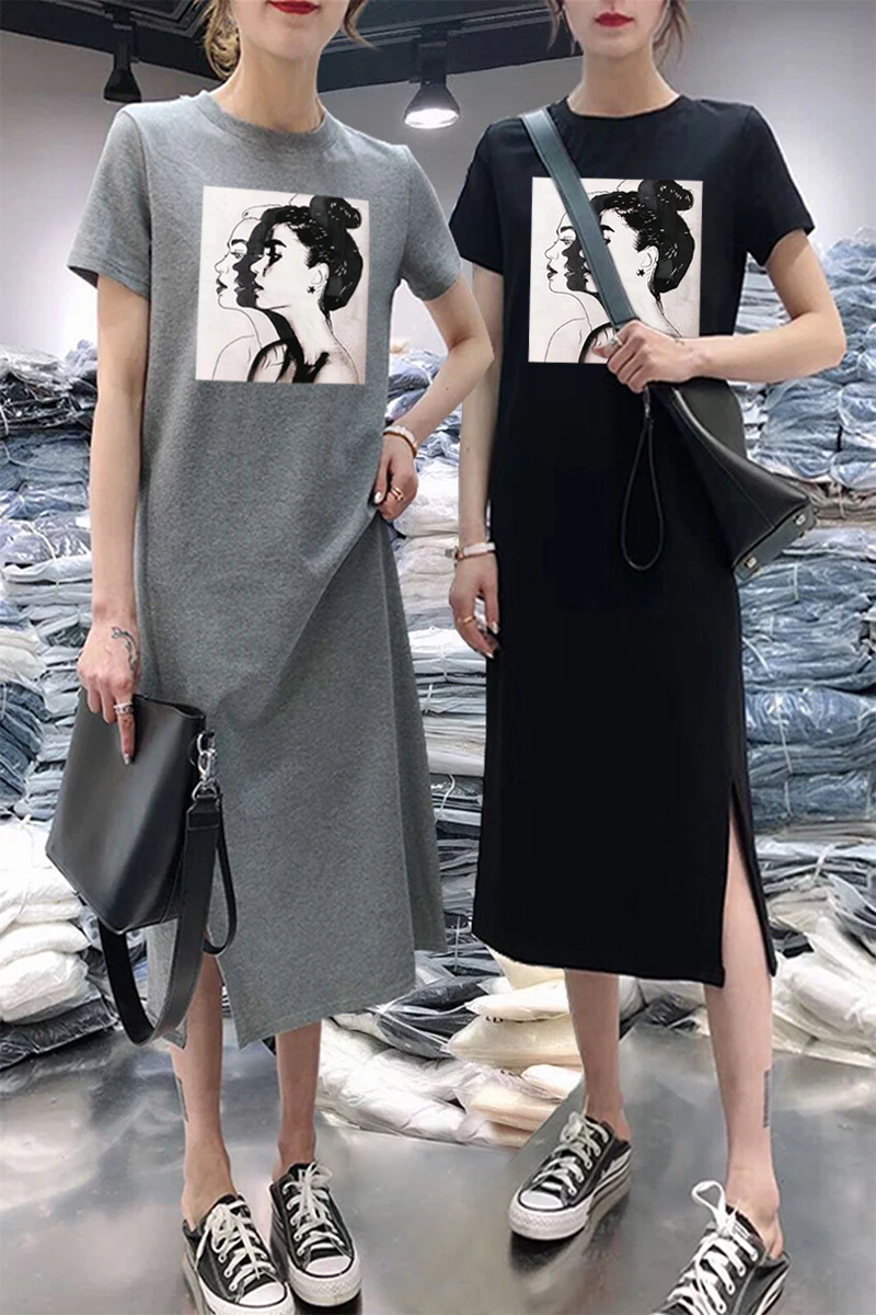 Vasarą Moterys Daisy Suknelė Trumpomis Rankovėmis Atsitiktinis Dugno Spausdinti Midi Black Marškinėlius Suknelės O-Kaklo Moteris Korėjos Drabužių Vestidos 2020 M.
