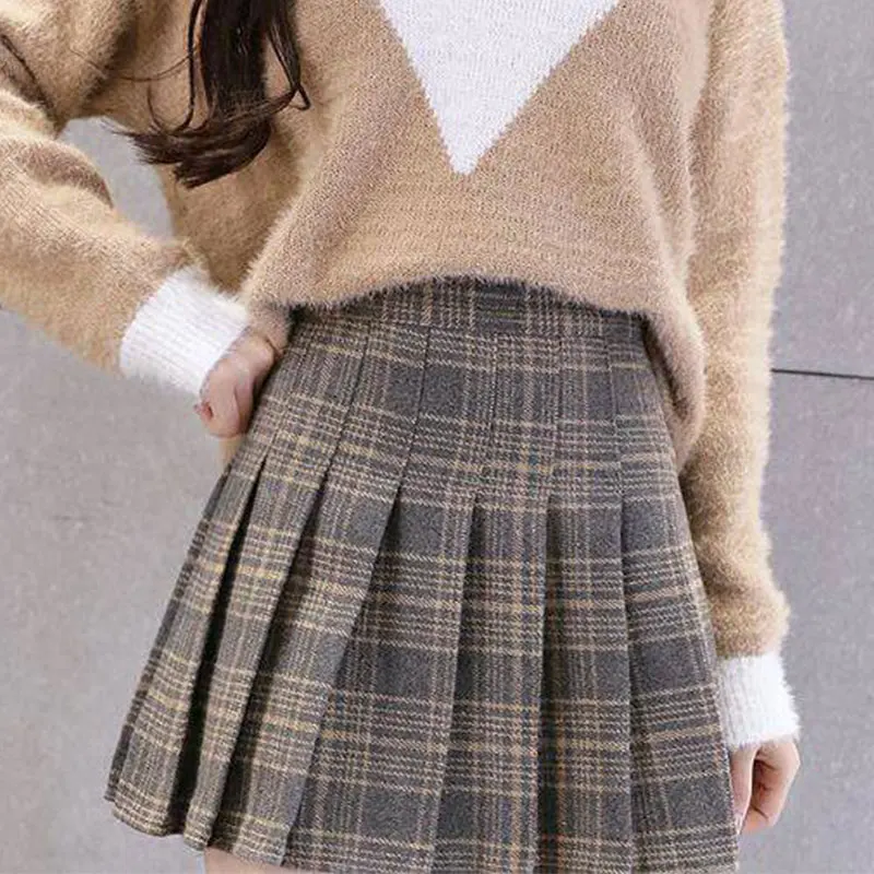 Vilnos sijonas mini šiltos žiemos klostuotas sijonas mini sijonas kawaii sijonai pledas sijonas plius dydis korėjos, japonijos trumpas sijonas XL xs sijonas