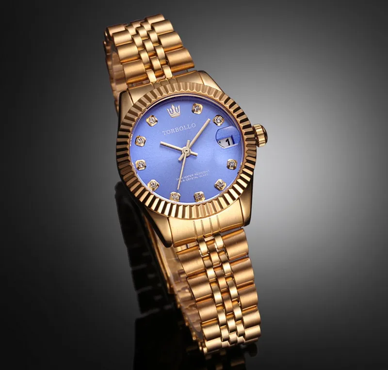 Visiškai Naujas Prabangus Lady Stiliaus Suknelė Plieno apyrankė Visus Aukso Blue Dial Moterų Kvarcinis laikrodis Su Dėžutė