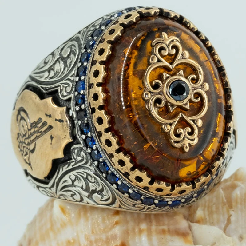 Vuzera 925K genunie sidabro Vyrų Žiedas inlaided citrinas rašė rankų darbo dovana vyrams visus dydis derliaus dovana osmanų stiliaus iš Turkijos