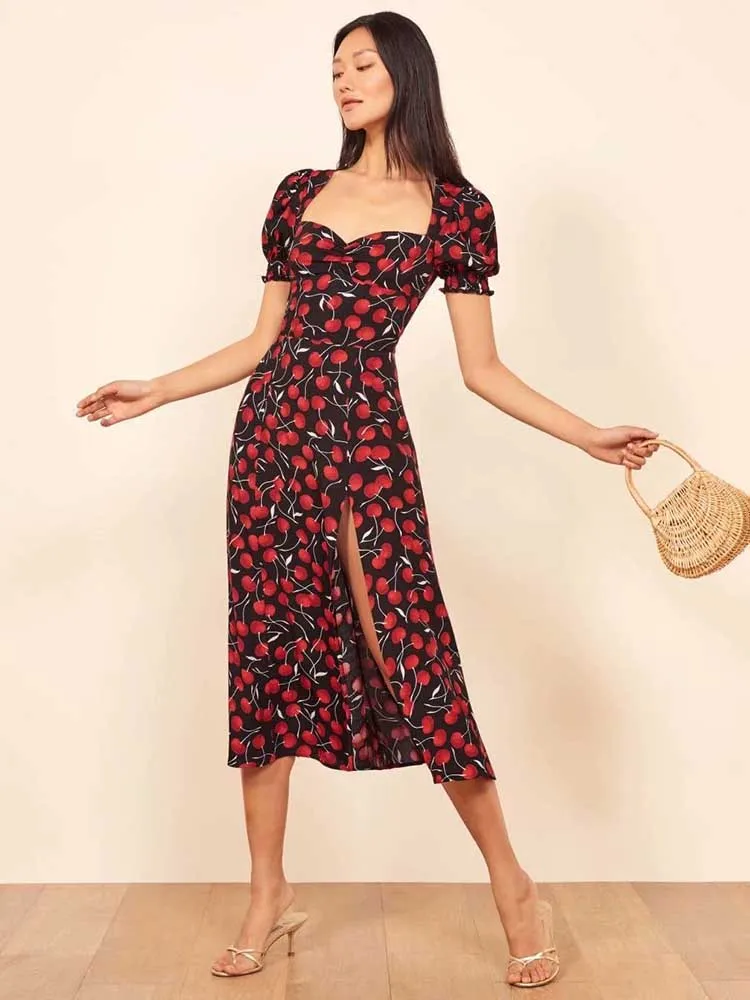 Yinlinhe Spausdinti Red Cherry Suknelė Moterims Derliaus Aukšto Juosmens Ilgio Šalis Suknelė Vasaros Padalijimo Push Up prancūzų Stiliaus 