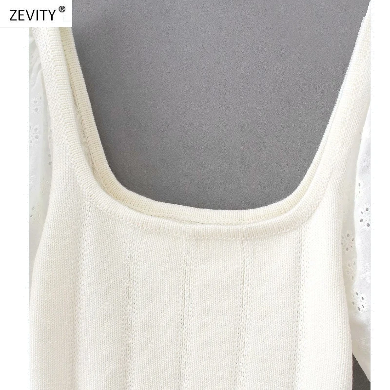Zevity Naujas moterų derliaus tuščiaviduriai iš siuvinėjimo sluoksniuotos rankovėmis kratinys trumpa megzta palaidinė marškinėliai moterims prašmatnus blusas viršūnes T667