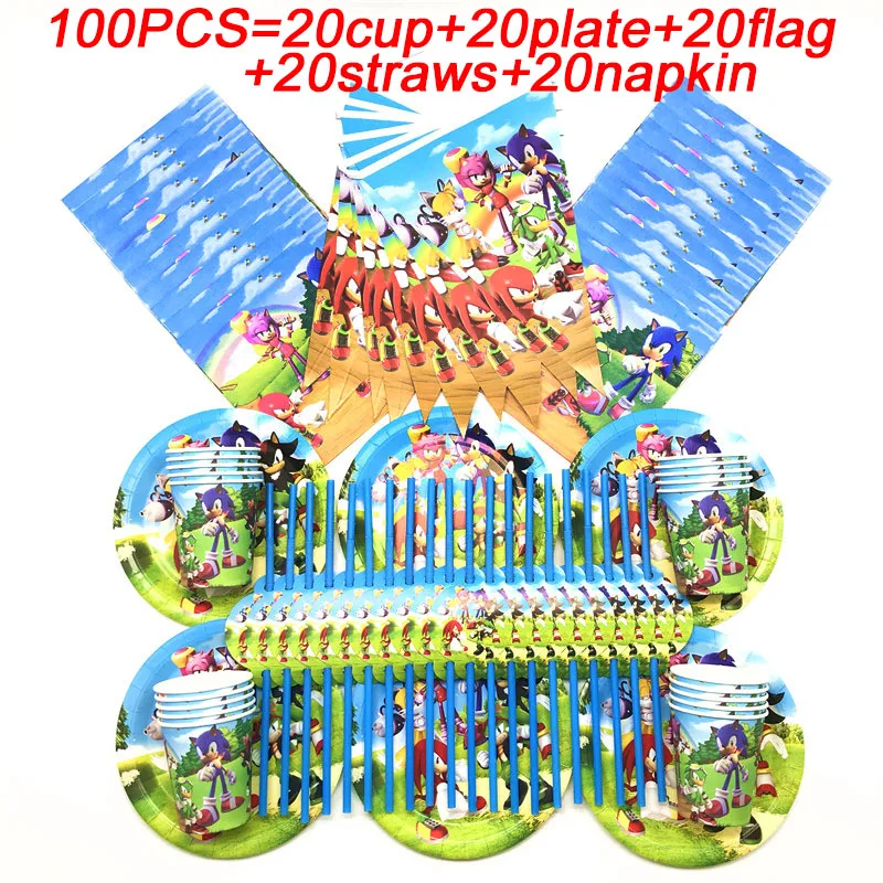 100/90/60PCS Sonic Gimtadienio Reklama Šalis Plokštės Taurės Šiaudelius Servetėlės Kūdikio Dušas Šalis, Sonic the Hedgehog Šalies Prekių Staltiesė