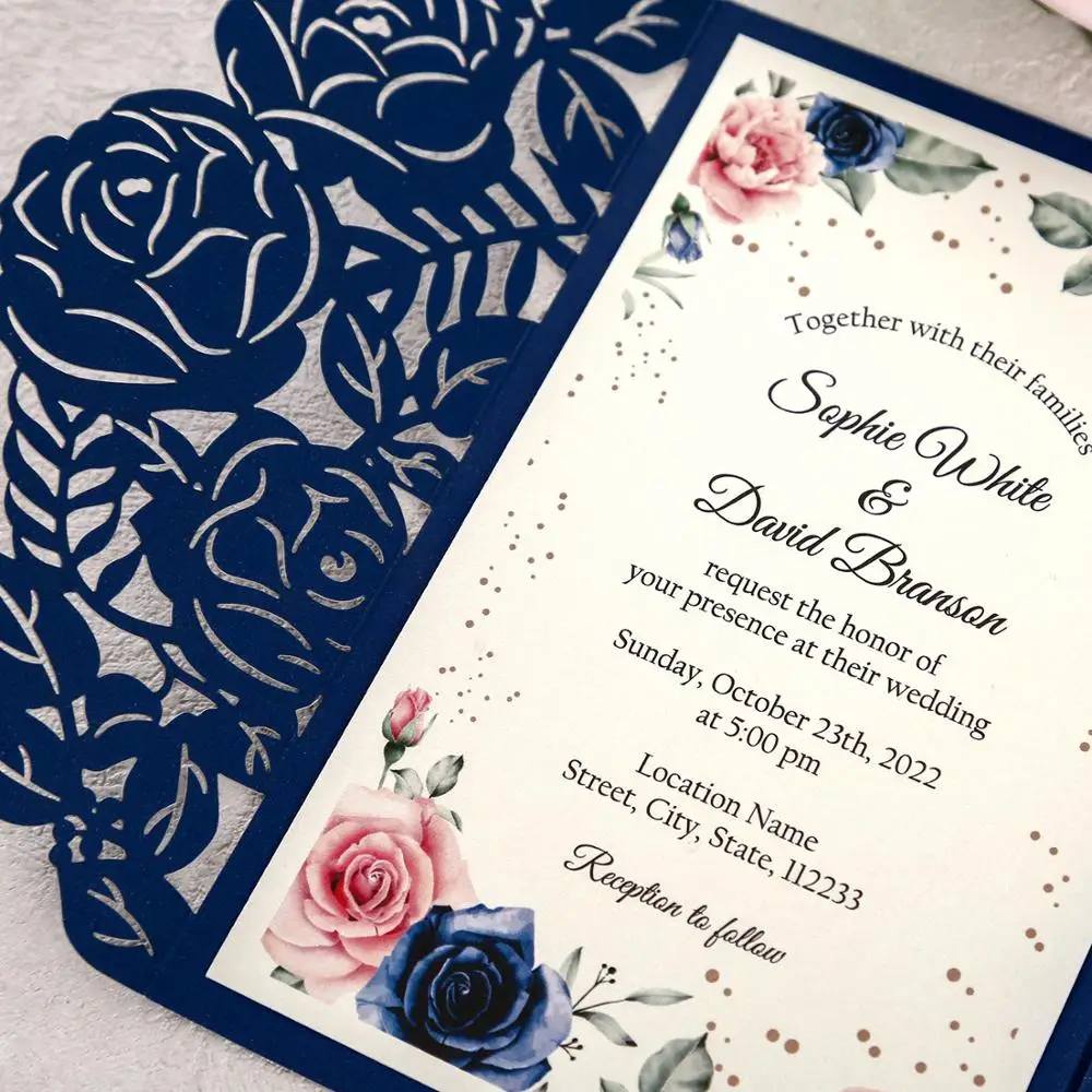100vnt Mėlyna Tuščiavidurių Rožių Gėlių Vestuvių Kvietimai Individualų Korteles Vestuves