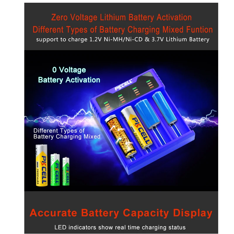 1PCS PKCELL Smart baterijos kroviklis 1,2 V, 3,7 V 3.2 V AA/AAA 26650 NiMH, li-ion battery18650 baterijos kroviklis 5V 2A