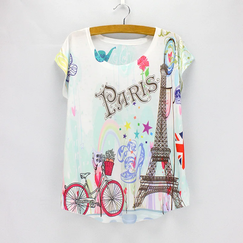 2016 Mados Eifelio Bokštas išspausdintas viršų tees moterys trumpas rankovėmis O-kaklo vasaros tees merginos spausdinimo t-marškiniai, didmeninė kaina