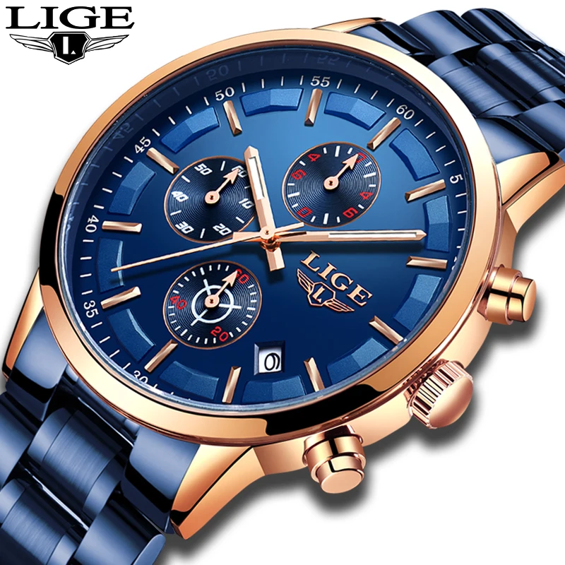 2019 LIGE Naujas Mėlyna Mada Sporto Kvarcinis Laikrodis, Mens Watches Top Brand Prabangių Laikrodžių Vyrams, Vandeniui Chronograph Relogio Masculino