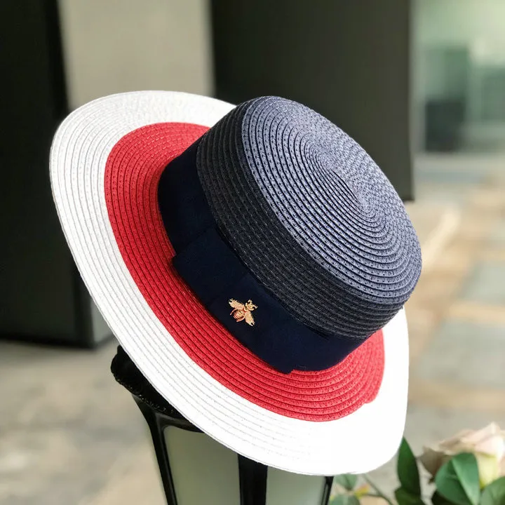 2019 Naujas Britų vasarą kokybės spalvų atitikimo banga skrybėlę bičių mada moterų šiaudų skrybėlę nuo saulės, saulės Japonijos flat top pločio
