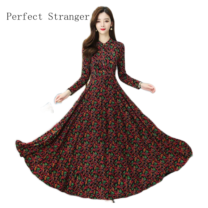 2020 M. Rudenį Naujų Atvykimo Aukštos Kokybės Elegantiškas Stovėti Apykakle Ilgomis Rankovėmis Atspausdintas Moterims, Ilgą Šifono Suknelę