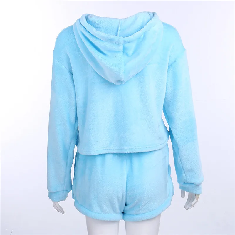 2020 M. Žiemos Pliušinis Sleepwear Vientisos Spalvos Dviejų Dalių Pajama Nustatyti Gobtuvu Ilgomis Rankovėmis Megztinis Viršūnes + Šortai Atsitiktinis Namų Drabužių Rinkinys