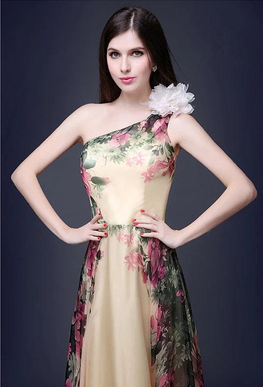 2020 Mados Elegantiška Vintage Suknelė Grindų ilgis Vieną petį Gėlių Atspausdintas Šifono Suknelė Ilgai Plisuotos Suknelės Nemokamas Pristatymas