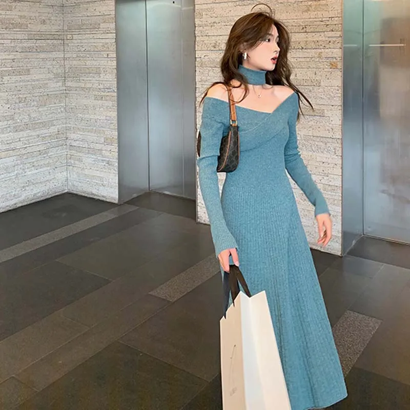 2020 m. Vienas Gabalas Moterų V-Kaklo, Megzti Suknelę korėjos Elegantiškas ilgomis Rankovėmis Rudens Žiemos dress Moteris Linija, Mezgimo Megztinis Suknelė Ponios