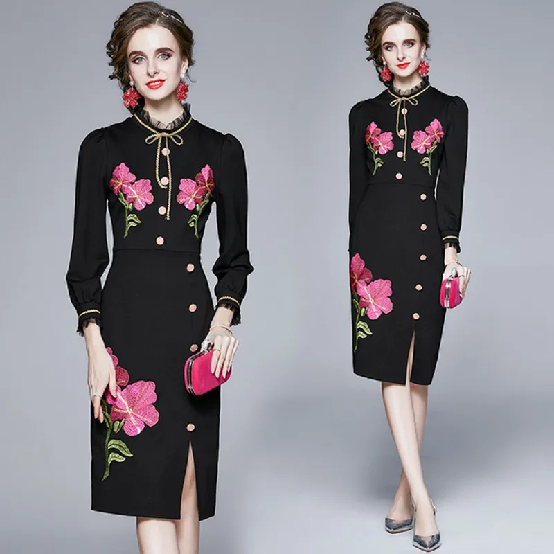 2020 m. rudens žiemos Taku Aukštos kokybės Senovinių Gėlių Siuvinėta Suknelė Moterims, Elegantiškas O-Kaklo, ilgomis rankovėmis Slim Šalis Suknelės