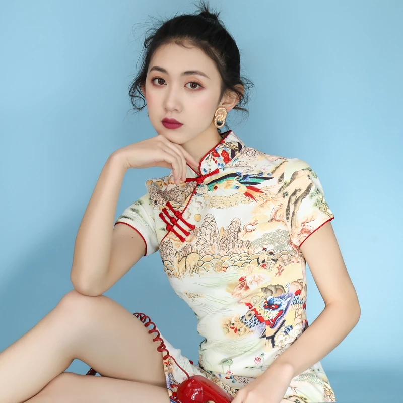 2020 metų vasaros naujasis Kinijos tradicinės pagerėjo cheongsam jauna mergina išspausdinti mini suknelė vintage satino vestidos slim moteriški drabužiai