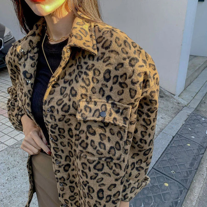 2021 m. pavasario Derliaus Leopard Striukė Plius Dydis Atsitiktinis Leopard Moterų Kailis Žiemą Viršūnes Moters Drabužius Elegantiškas Vilnos Outwear