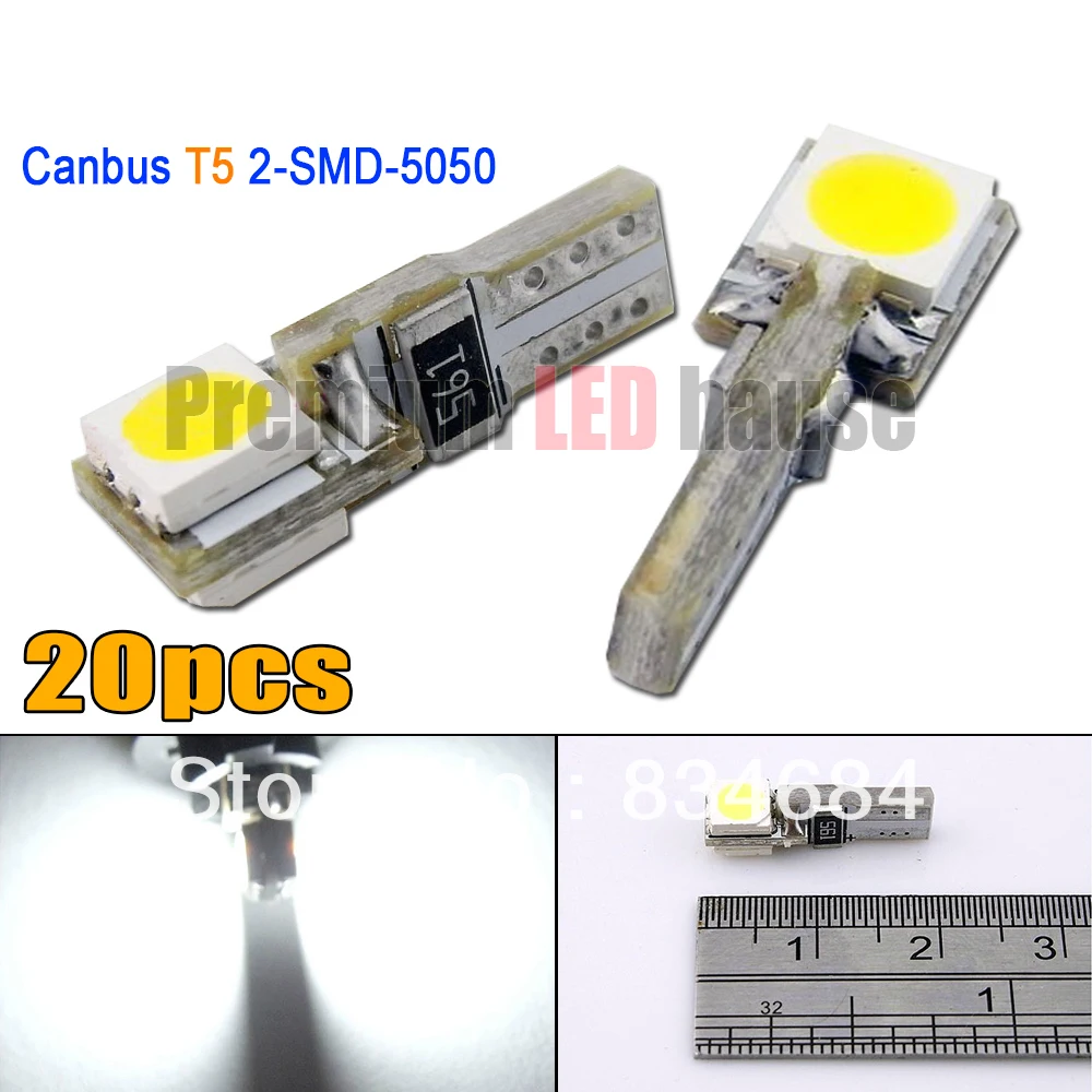 20pcs/daug Canbus Nemokamas Pristatymas T5 2-SMD-5050 Priemonė lemputė, prietaisų Skydelio Įspėjimo Lemputė 12V LED Baltos Šviesos Pleištas Lemputes