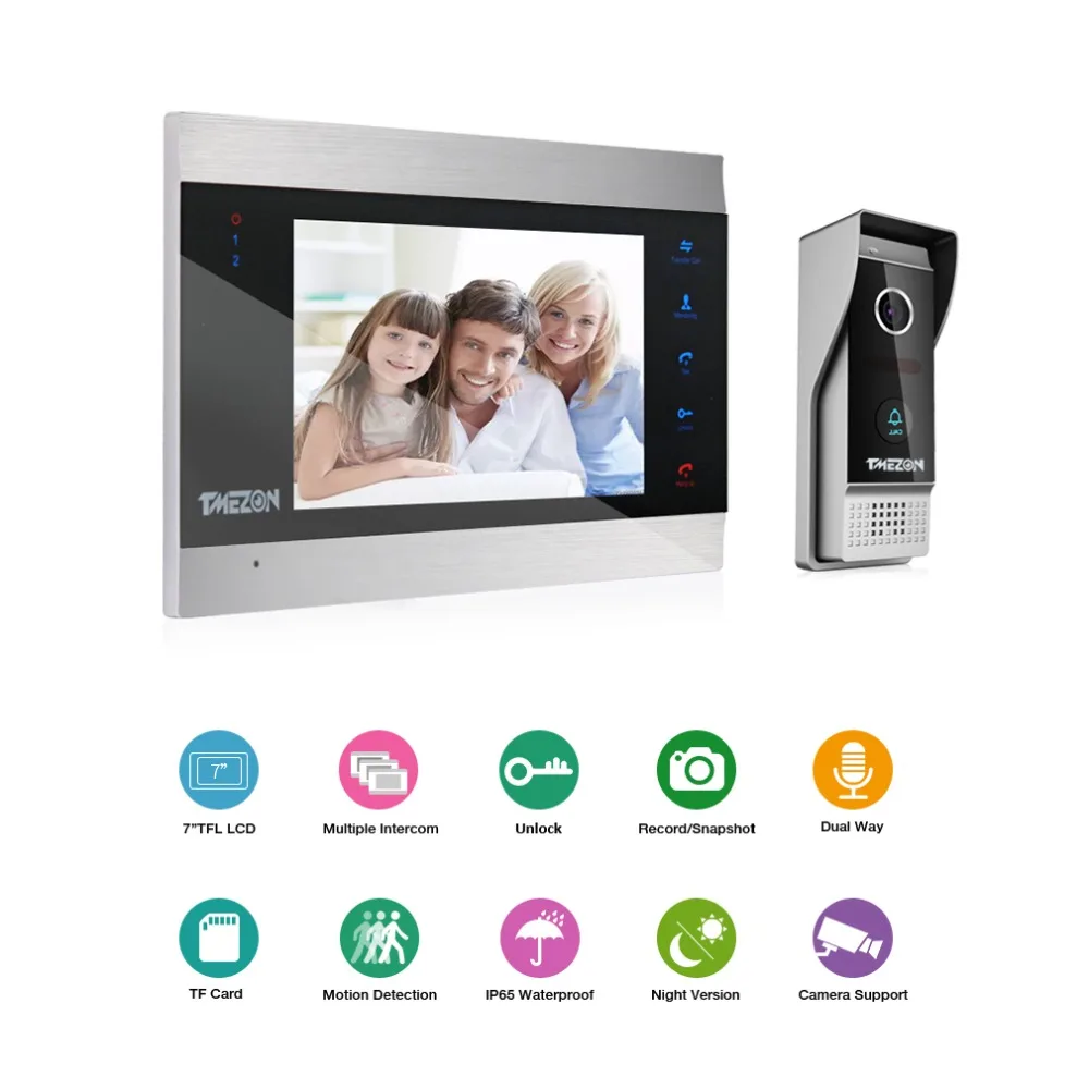 30% nuolaida naudojamas TMEZON 7 Colių TFT Laidinio Smart Video Doorbell Domofonas Sistema su 2 Night Vision Stebėti + 1x1200TVL Fotoaparatas