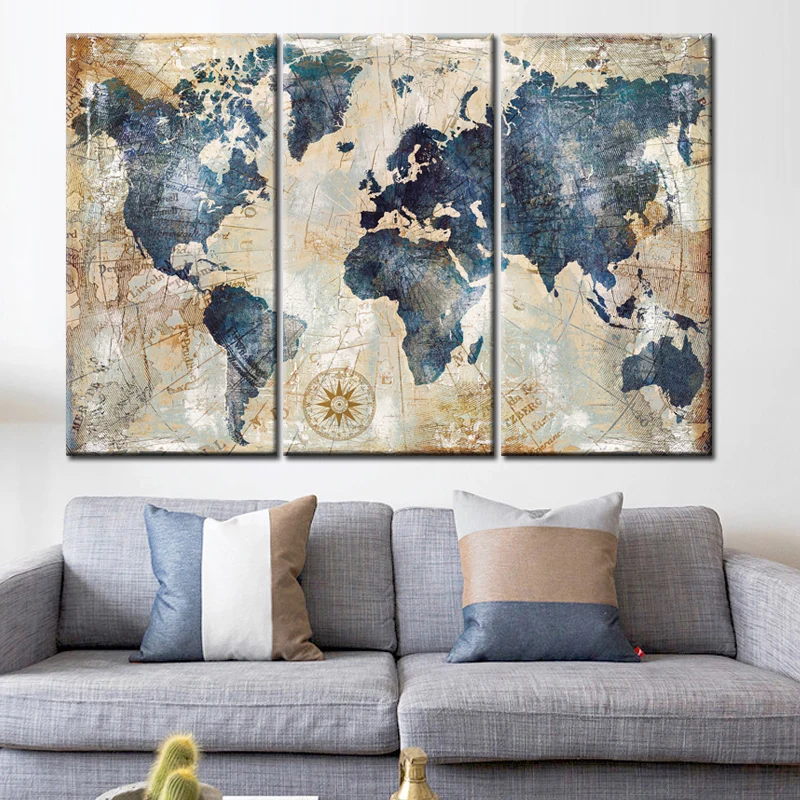 3Panel Derliaus Pasaulio Žemėlapyje Modulinės Tapybos ant Drobės Plakatai ir Spausdina Skandinavijos Cuadros Sienos Meno Nuotrauka už Kambarį