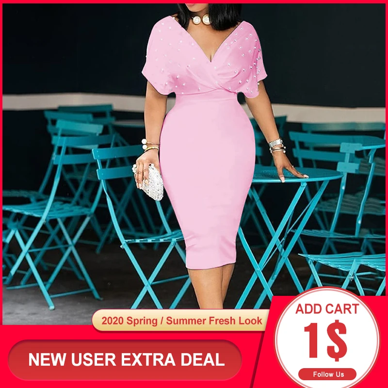 3xl Plius Dydis Duobute Vasaros Bodycon Suknelė 2020 M. Afrikos Moterų Rožinė Vestiods Elegantiškas Biuras Ponios Midi Aukšto Juosmens Suknelė Šalis