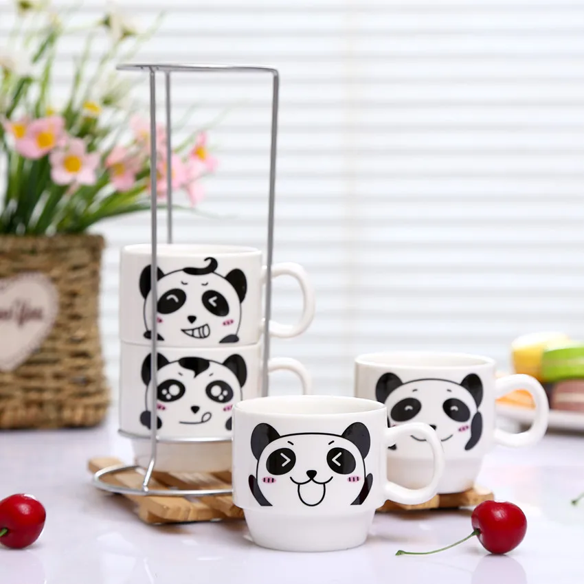 4pcs/set Panda Taurės Kaulų Kinija Kavos Puodeliai, Virtuvė Drinkware Kalėdų Dovana su Plieno Stovas Animacinių filmų Puodeliai, Arbatos Puodeliai Pieno
