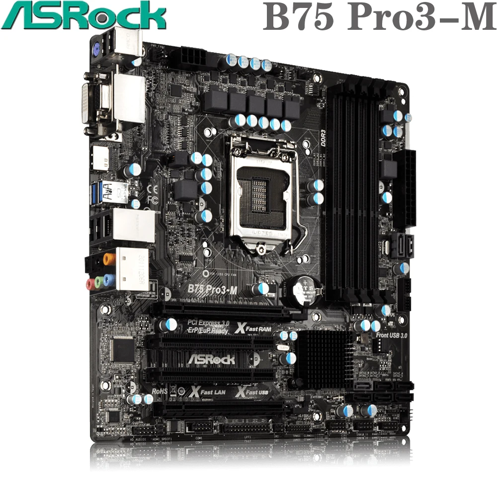 ASRock B75 Pro3-M, LGA1155 Intel Core 2/3 i3/i5/i7/Xeon/Pentium/Celeron HDMI LGA-1155 B75 Micro-ATX stacionaraus KOMPIUTERIO pagrindinės Plokštės