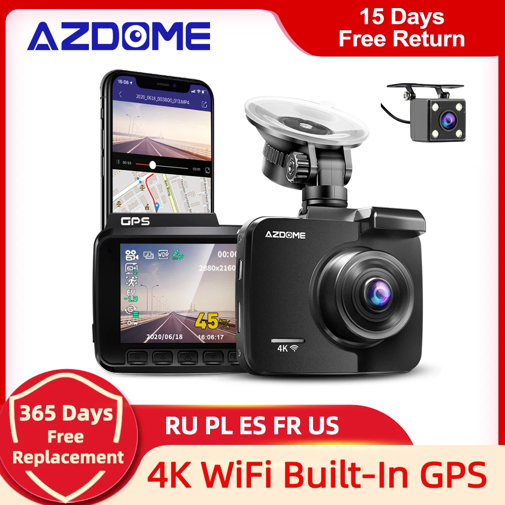 AZDOME GS63H Brūkšnys Cam Dvigubo Objektyvo 4K UHD Įrašymo Automobilių DVR Kamera Naktinio Matymo WDR Built-In GPS, Wi-Fi G-Sensorius-Judesio Aptikimo